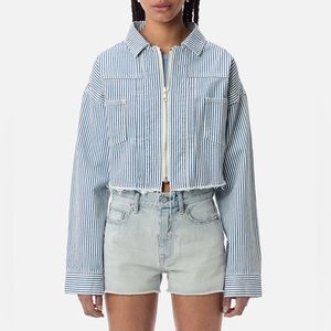 New JOHN ELLIOTT White & Blue Culver Pinstripe Denim Jacket Size 0 $598